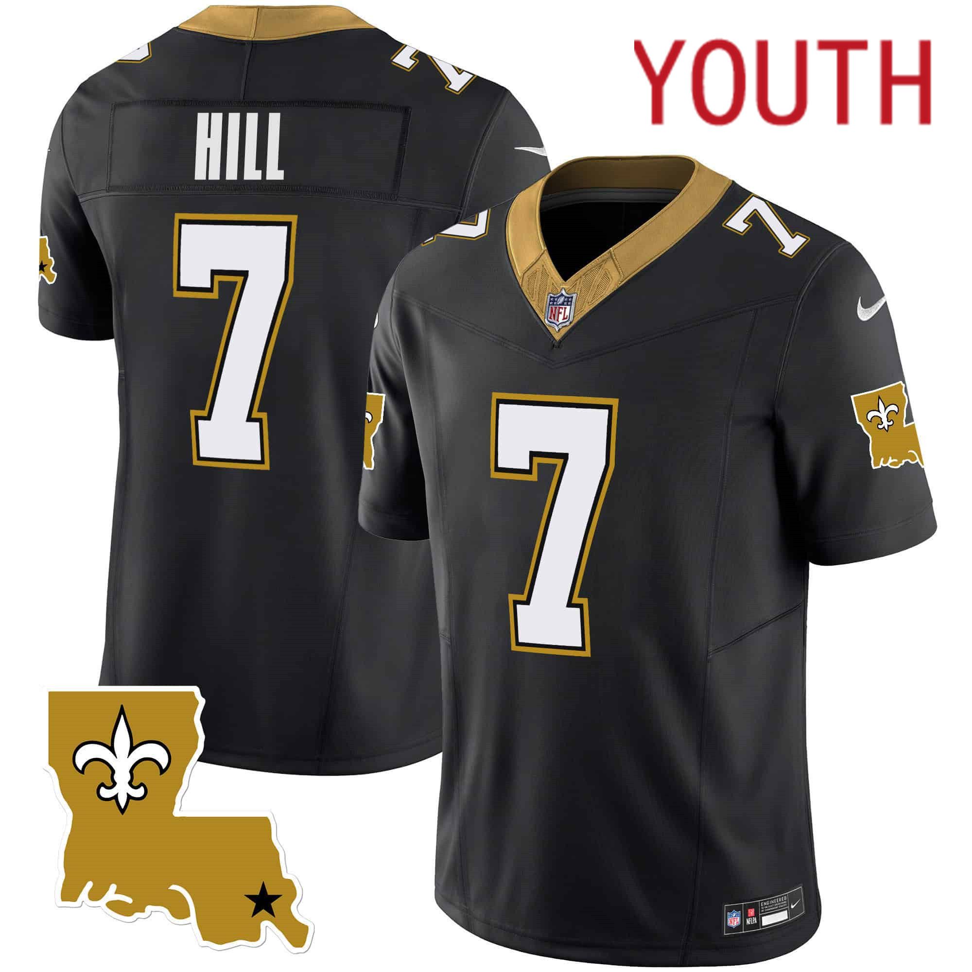 Youth New Orleans Saints #7 Hill Black 2024 Nike 1987 Legacy Vapor Limited NFL Jersey style 1